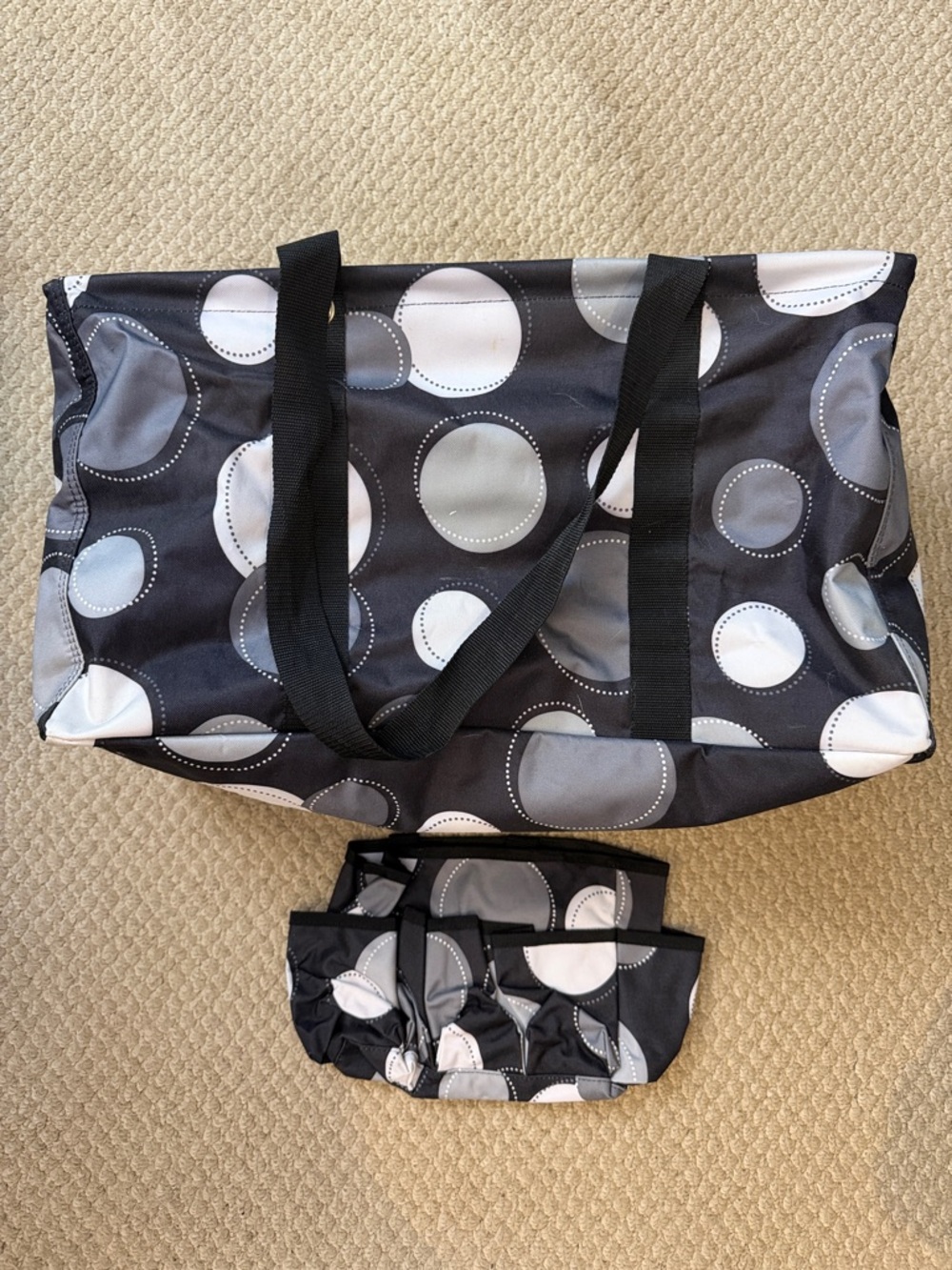thirty-one Black Tote with Gray and White Dot Pattern and Small Pouch